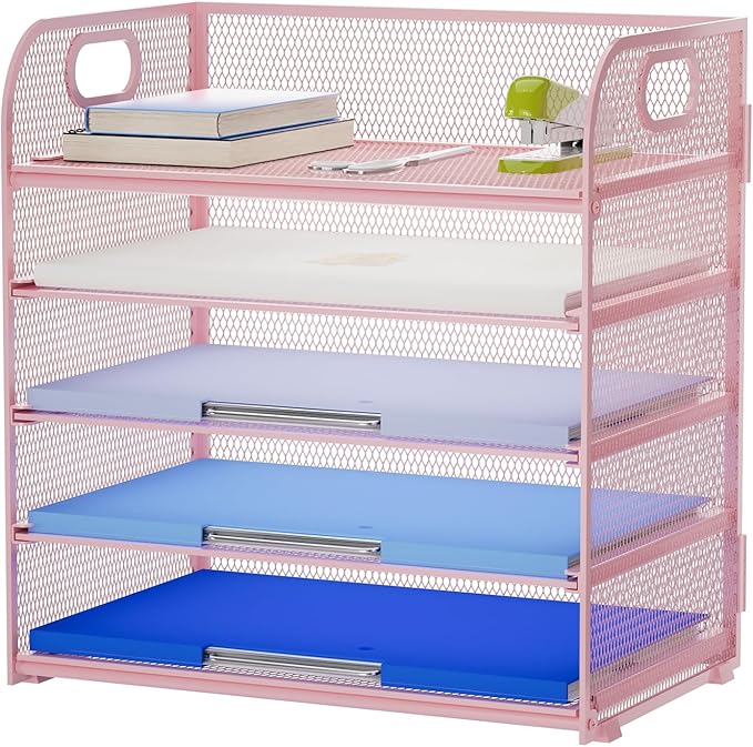 Marbrasse Paper Organizer Letter Tray, 5 Tier Mesh File Organizer with Handle, Paper Sorter Desk Organizer for Home Office Supplies - Pink
