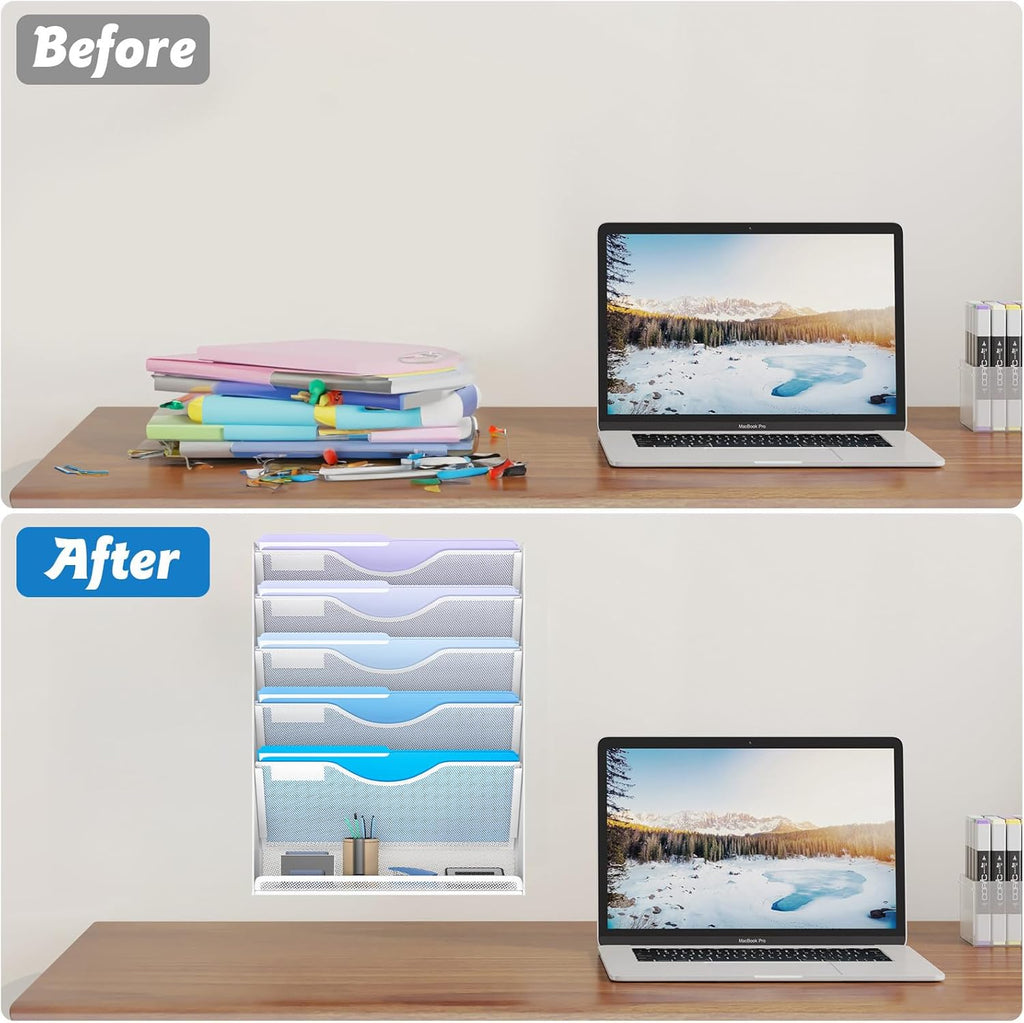 6 Tier Hanging File Organizer, Mesh Wall File Holder Paper Folder Rack with Bottom Flat Tray for Office Home, White