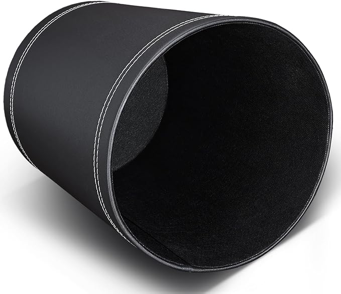KINGFOM 3 Pack PU Leather Small Office Trash Can Wastebasket, Round Garbage Container Bin for Bathrooms, Powder Rooms, Kitchens, Home, Bedroom, High-Class Hotel, Black