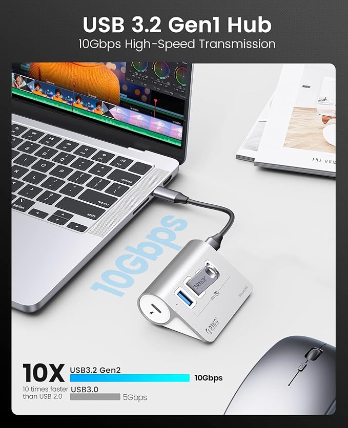 ORICO 4-Port USB 3.2 Gen 2 Hub 10Gbps with 2 USB A +2 USB C, Aluminium Hub with 1.64Ft USB-C Cable and USB-A Adapter USB Splitter for iMac, MacBooks, Mac mini