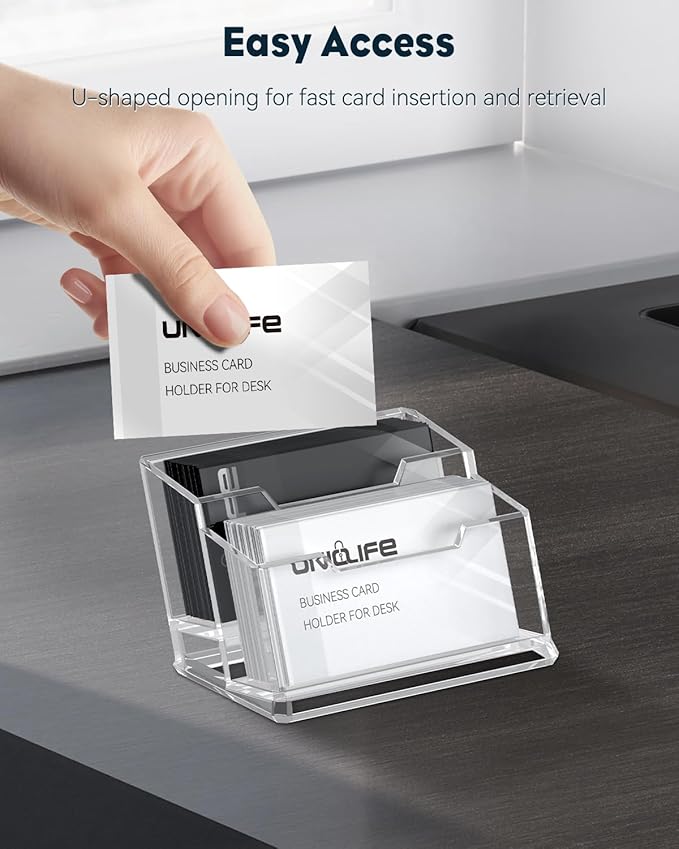Uniclife Acrylic Business Card Holder for Desk 2 Slots Clear Business Card Display Stand for Men & Women Desktop Business Card Organizer Card Stand for Office Home Exhibition, 120 Card Capacity