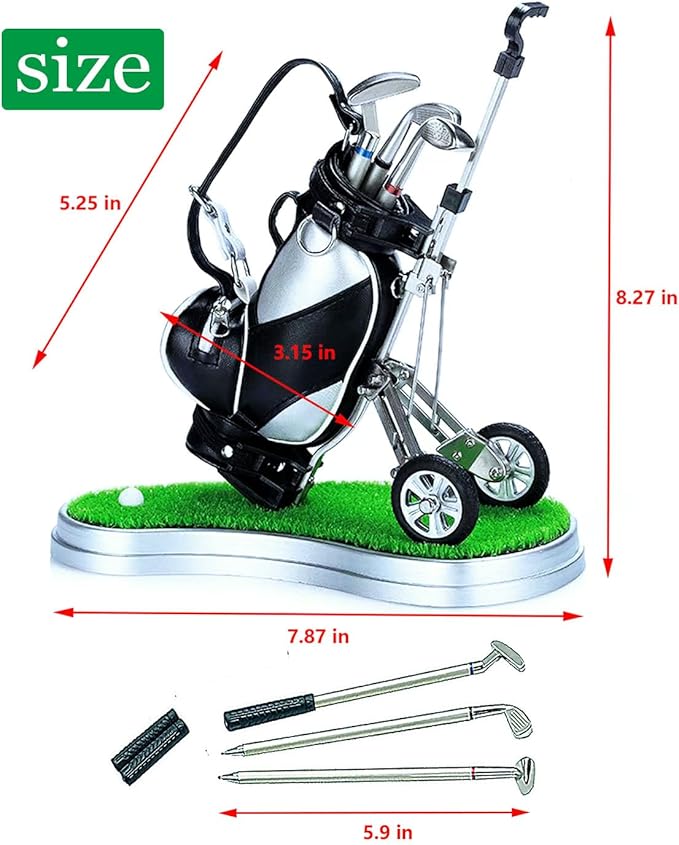 Golf Pen Holder with 3 Club Pens and Movable Golf Cart, Mini Golf Bag Desk Decor for Office, Funny Golf Gifts for Men, Dad, Boss - Stocking Stuffers for Golfers on Birthday, Christmas, Fathers Day