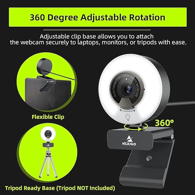 NexiGo N960E 1080P 60FPS Webcam with Light, Software Included, Fast AutoFocus, Built-in Privacy Cover, USB Web Camera, Dual Stereo Microphone, for Zoom Meeting Skype Teams Twitch (Renewed)