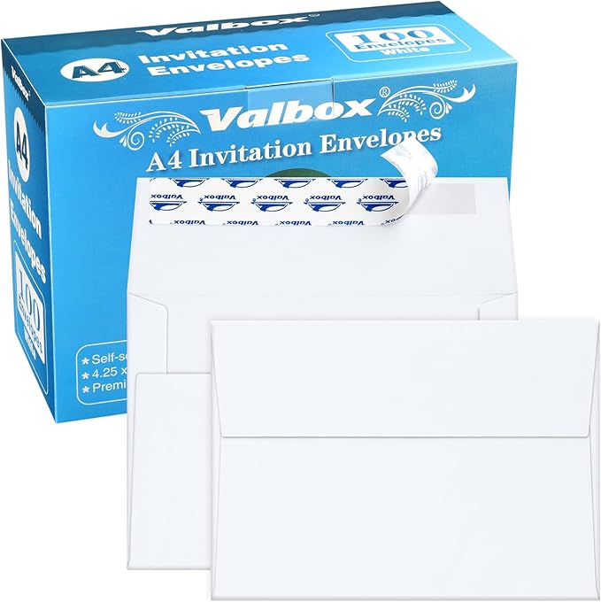 ValBox A4 Photo Envelopes 100 Qty 4 x 6 White Kraft Paper Envelopes Self Seal for 4x6 Cards, Photos, Weddings, Invitations, Baby Shower, 4.25 x 6.25 Inches (A4)