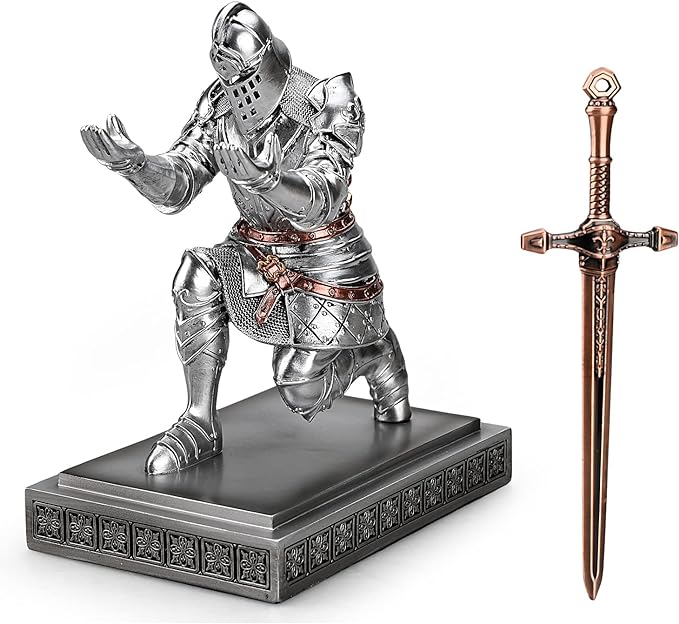 King's Guard Knight Pen Holder Pen Stand Desk Organizers and Accessories Resin Pencil Holder as Gift for Office and Home (Silver)