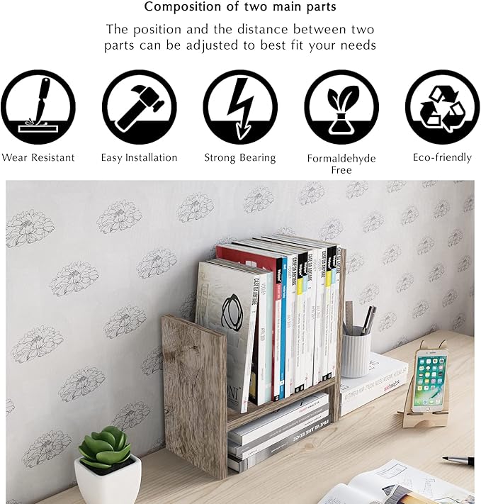Jerry & Maggie Desktop Organizer Office Storage Rack Adjustable Wood Display Shelf Free Style Double H, Multi-Functional Mini Bookshelf for Desk Natural Stand (Gray Oak)