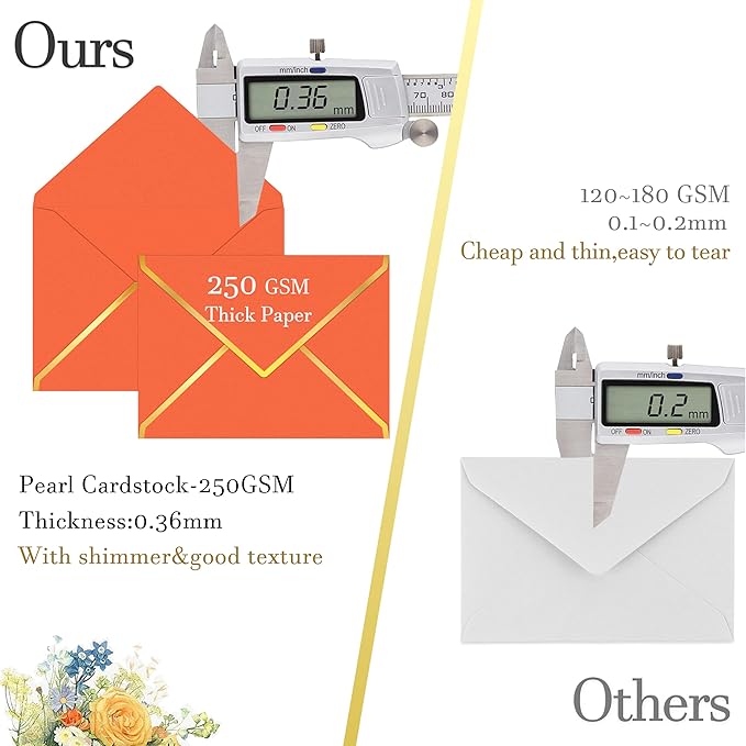 60 Pack 5x7 Envelopes for Invitations,A7 Business Envelopes Letter Size 250g Shimmer Cardstock with Gold Foil V Flap & Sealer,Security Envelopes for Gift Card,Wedding,Baby Shower(Orange)