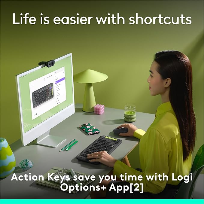 Logitech POP ICON Keys Wireless Bluetooth Keyboard, Comfortable Typing, Programmable Keys, Easy-Switch Between up to 3 Devices, for Laptop, Tablet, PC – Graphite and Green