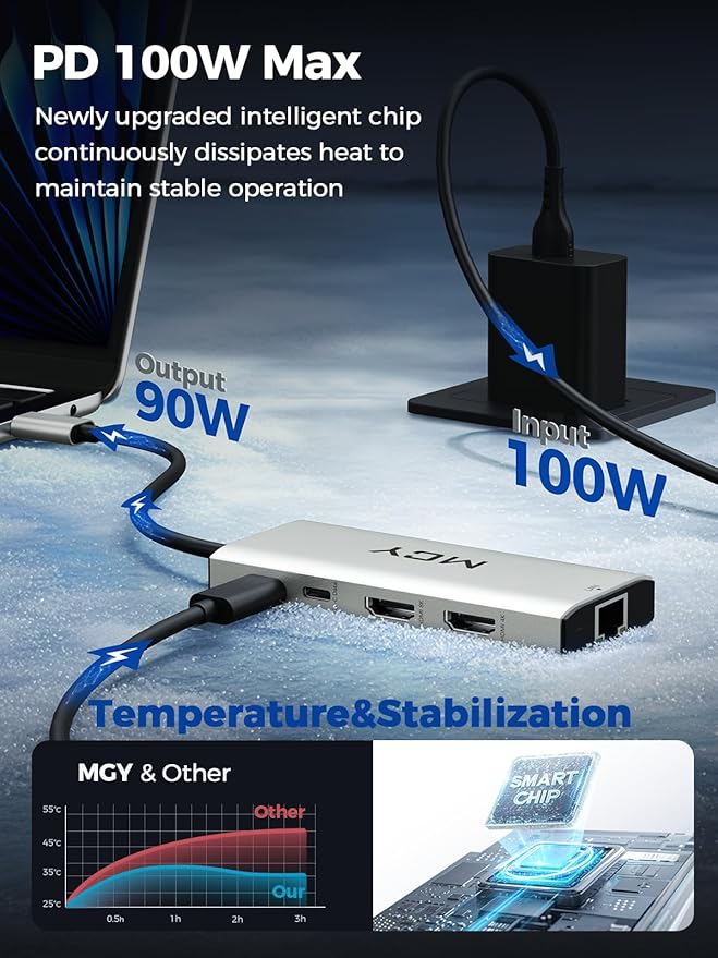 MCY USB C Hub,Laptop Docking Station Dual Monitor Single 8K,2x4K@60Hz,10 in 1 Type-C Multiport Adapter with 2 HDMI,PD100W,Extender Splitter,Card Reader,Ethernet Dock for Mac/Dell/HP/Surface/Steam Deck
