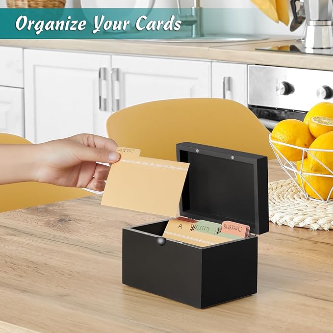 DRASTAR Index Card Holder 3x5, Wooden Index Card Organizer Box with 45 Index Card Dividers, Flashcard Notecard Holders for Home Office, Black