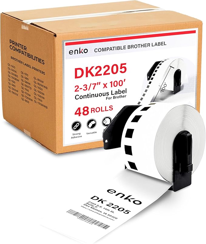 enKo - Compatible DK-2205 Continuous Paper Labels (2.4 Inch x 100 Feet) Compatible for Brother QL Label Printers - 48 Rolls with 16 Refillable Cartridge Frames