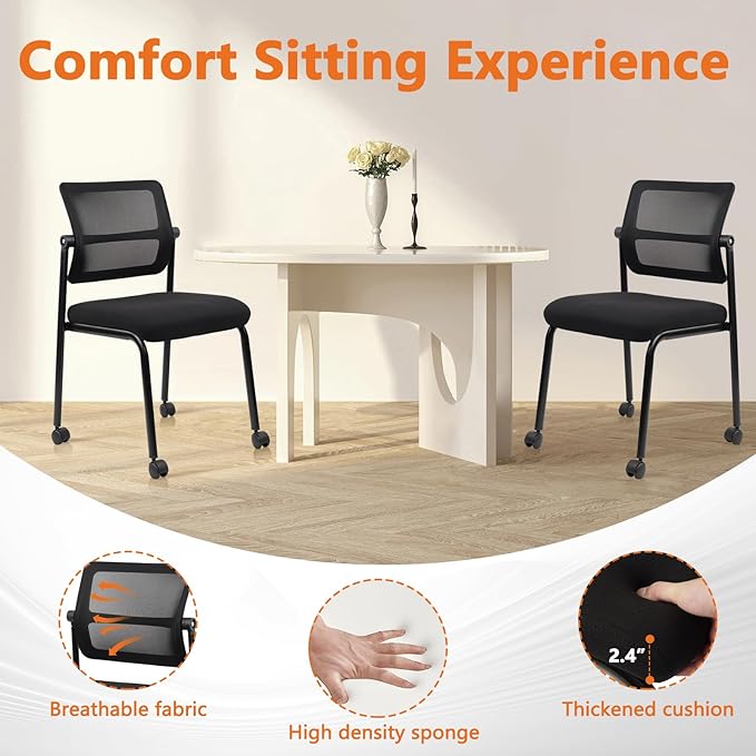 CLATINA Stacking Armless Office Waiting Room Chair with Wheels, Stackable Mesh Guest Reception Desk Chairs with Adjustable Backrest for Conference Lobby Side School, Black, 4 Pack