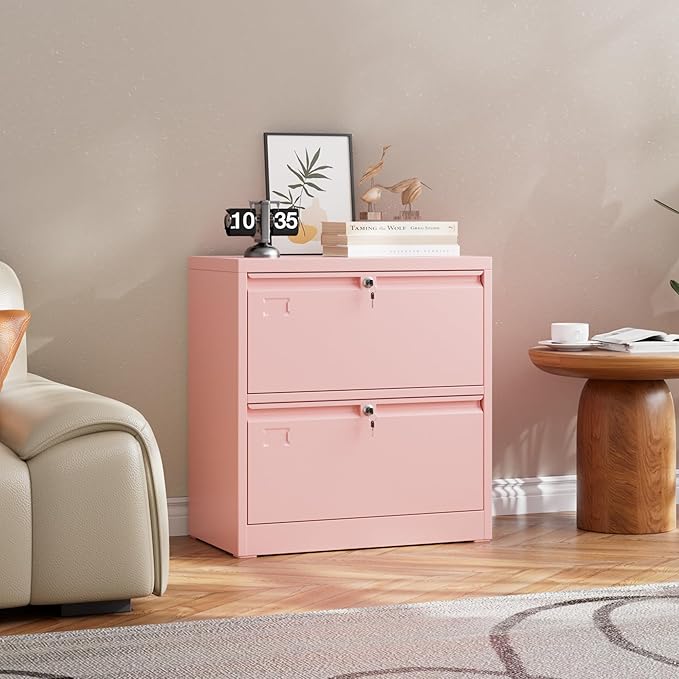 Metal 2 Drawer Lateral File Cabinet with 2 Lock - Wide Filing Cabinet for Letter/Legal/F4/A4 Hanging Files - Includes Business Card Holder,Home Office School Storage,Pink