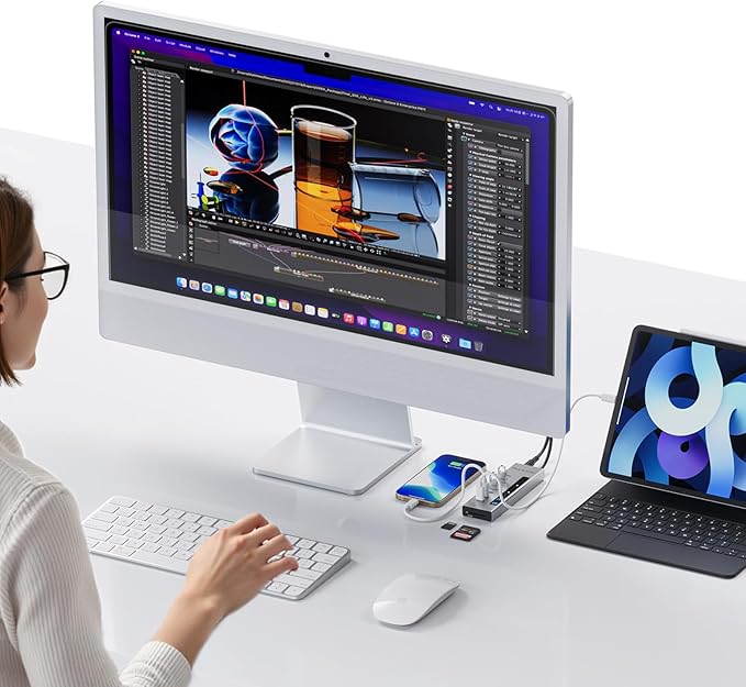 Powered USB C Hub, PULWTOP 11-in-1 USB Hub with SD/TF, 2*USB-C 10Gbps, 4*USB-A 5/10Gbps and 2 * 24/45W Type-C PD Charging Ports (Not Support Video), USB Powered Hub (72W DC Adapter Included)