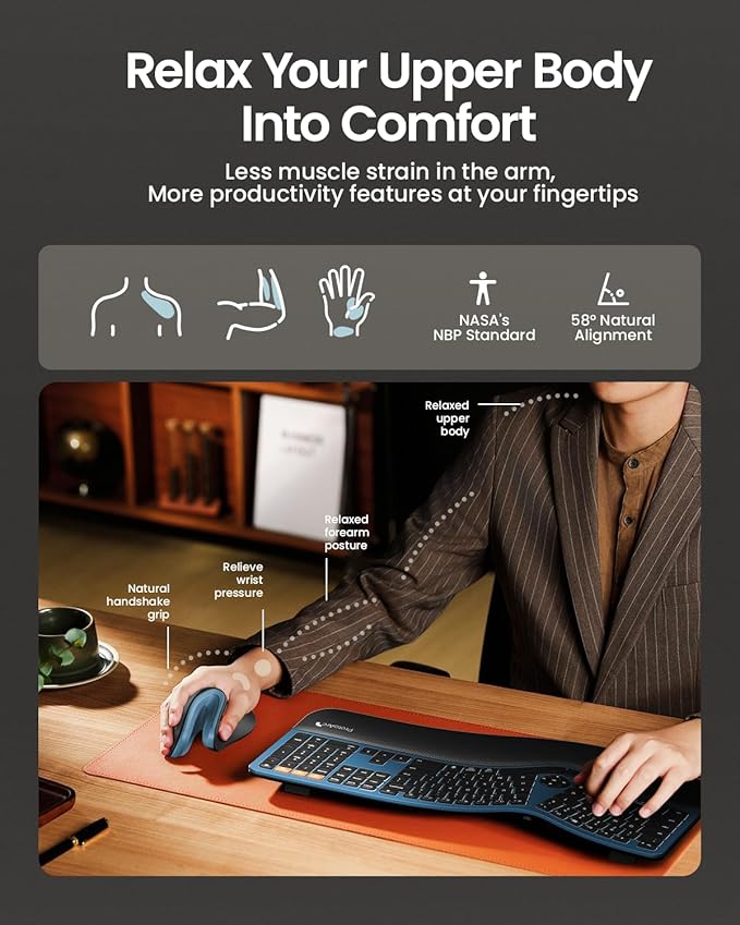 ProtoArc Ergonomic Vertical Mouse, EM11 NL Rechargeable Wireless Mouse Bluetooth, Ergo Mice with 3 Multi-Device for PC/Notebook/Laptop, 2.4GHz Optical Mice for Windows, Mac OS, Blue