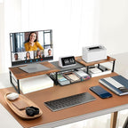 Dual Monitor Stand Riser, Desk Organizer with Drawer, Desk Organizers and Accessories, Workspace Organization Computer Monitor Stand for Laptop, Printer, TV, Office Supplies, Rustic Brown