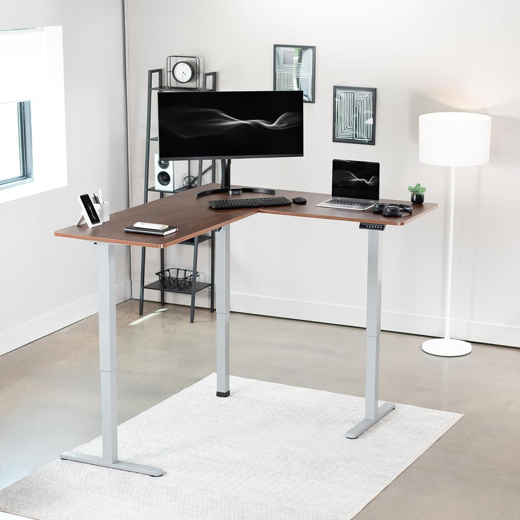 VIVO Electric Corner L-Shaped 63 x 55 in Standing Desk, Memory Height Adjustment, Dark Walnut Top Gray Frame, DESK-E3CTGD