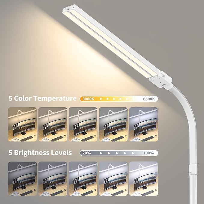 Desk Lamp Architect Task Dual Head Modern Flexible Gooseneck Tall Dimmable Light for Home Office, 5 Color Modes,Remote Control, 1500lm 24W Extra Bright Lighting