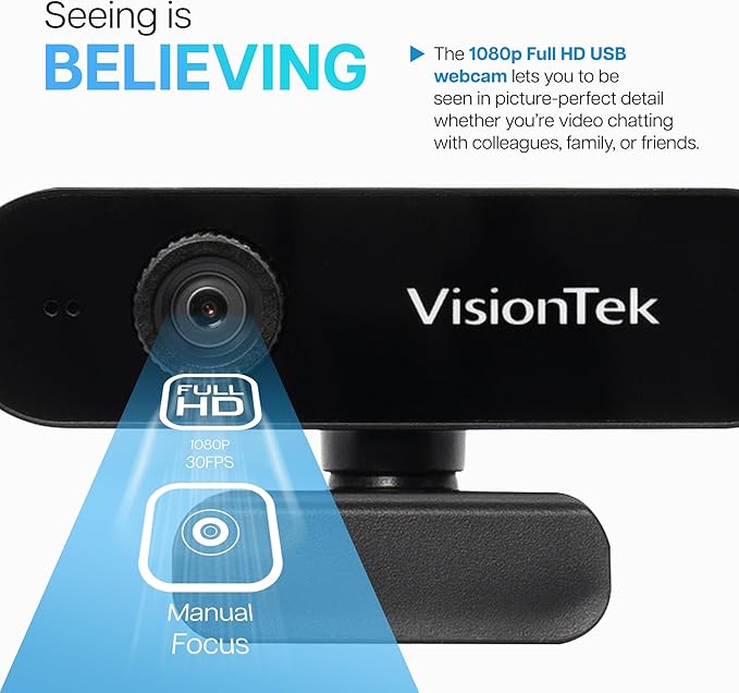 VisionTek VTWC30 Premium Full HD (1080P 30FPS) Webcam, for Windows, Mac, Linux, & Chromebook with Digital Dual Microphones, Manual Focus Lens, Privacy Cover, 83-Degree Viewing Angle