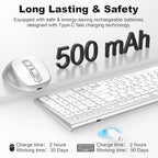FENIFOX Wireless Keyboard and Mouse, Ergonomic Rechargeable Silent Quiet Slim Compact Full-Size USB C with Number Pad Flat Soft Cover for PC Computer Laptop Mac MacBook iMac TV Windows - Silver White