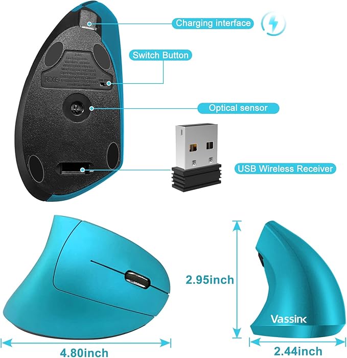 Vassink Ergonomic Wireless Mouse, Rechargeable Mouse 2.4Hz Vertical Wireless Optical Mice with USB Receiver, 6 Buttons for PC,Laptop,etc Blue