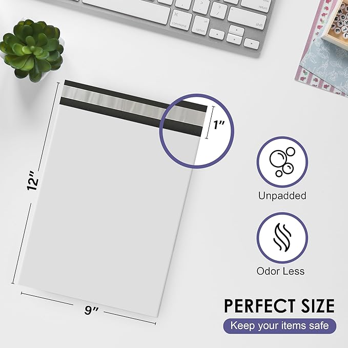 White Poly Mailers 9x12 Inch | Strong Adhesive Self-Seal mailer Bags | Tamper, Tear, Water Resistant Shipping Envelopes | Thick Strong Material Polymailer Bags Clothing Bag | 1000 Pack Bulk