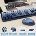 Wireless Keyboard and Mouse Combo, Ergonomic Full Size Typewriter Retro Round Keycaps Keyboard, Compatible with Windows, PC, Perfer for Home and Office Keyboards (Twilight Blue