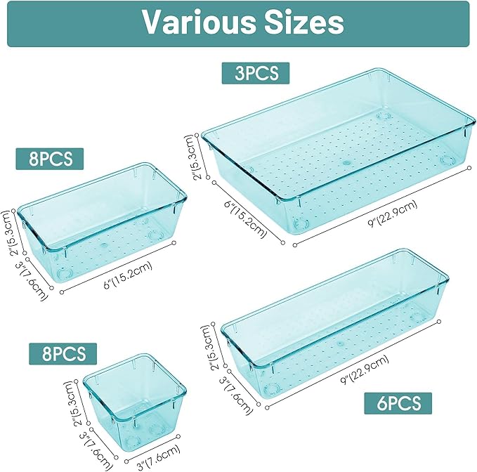 WOWBOX 25 PCS Plastic Drawer Organizer Set, 4 Sizes Desk Drawer Divider Organizers and Storage Bins for Makeup, Jewelry, Gadgets for Kitchen, Bedroom, Bathroom, Office, Sea Blue