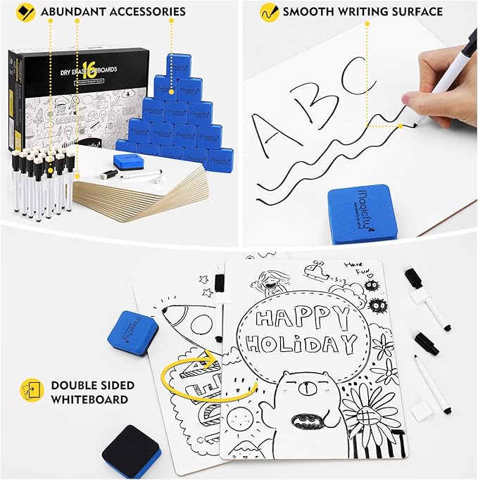 Magicfly Double-Sided Small White Board for Classroom, 9 x 12 Inches Dry Erase Lap Boards, Bulk Pack of 16 Mini White Board for Student, Teachers, Office, with 16 Pens, 16 Erasers & 16 Pen Clips