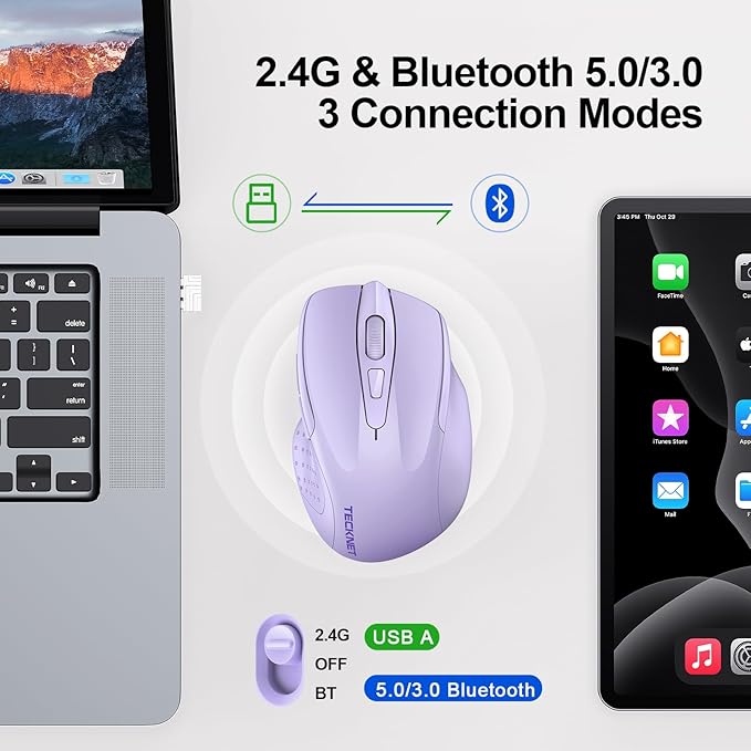 TECKNET Wireless Mouse (BT5.0/3.0 & 2.4G) Rechargeable 4800 DPI Silent USB A & Bluetooth Mouse 6 Buttons, Wide Compatibility - Lavender