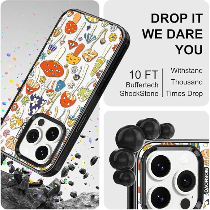 MOSNOVO Case for iPhone 14 Pro, [10ft 4X Military-Grade Drop Protection] Durable & Shockproof Phone Case Cover Design for iPhone 14 Pro - Mushroom Art - Clear Black