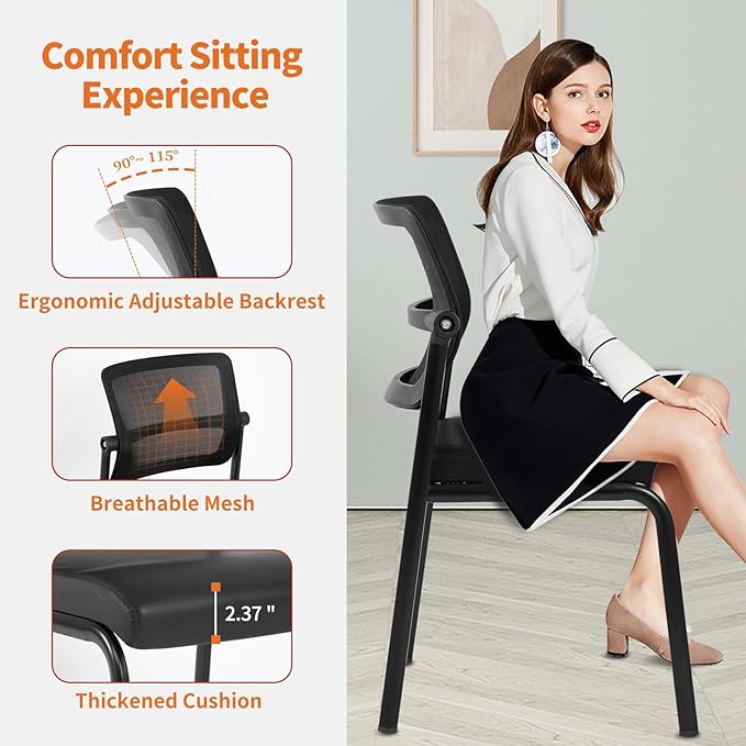 CLATINA Stackable Waiting Room Chair with Adjustable Mesh Backrest, Armless Office Guest Reception Chairs with Leather Cushion and Ergonomic Lumbar Support for Conference Lobby Side School, Black, 8PK