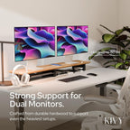 KIVY Dual Monitor Riser with Integrated Metal Shelf - Wooden desk shelf for top of desk - Wood monitor stand for desk 2 monitors / tv - Dual monitor stand riser for desk - Large walnut monitor stand