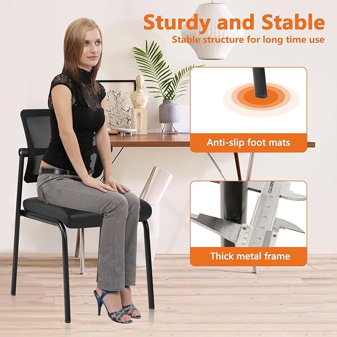 CLATINA Stacking Waiting Room Chairs, Adjustable Mesh Backrest Armless Office Guest Reception Chair with Leather Cushion and Ergonomic Lumbar Support for Conference Lobby Side School Classroom, 4PK