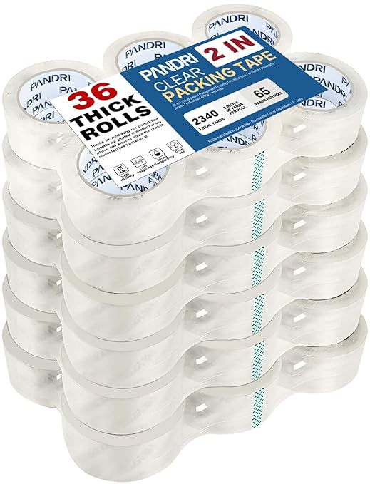 PANDRI Packing Tape, 36 Rolls Heavy Duty Clear Packaging Tape for Shipping Packaging Moving Sealing, 2 inches Wide, 65 Yards Per Roll, Total 2340 Yards