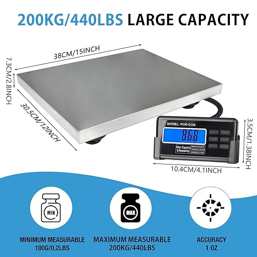 Large 440lbs Shipping Scale, 15"X 12" Platform Heavy Duty Stainless Steel Platform for Postal Industrial Floor Business Office Home Warehouse Package Luggage