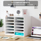 PAG Countertop Mail Sorter Organizer, Wooden Literature Organizer, Student Mailbox for Classroom, Desktop Bill Organizer for Office Home School, 12 Compartments, White