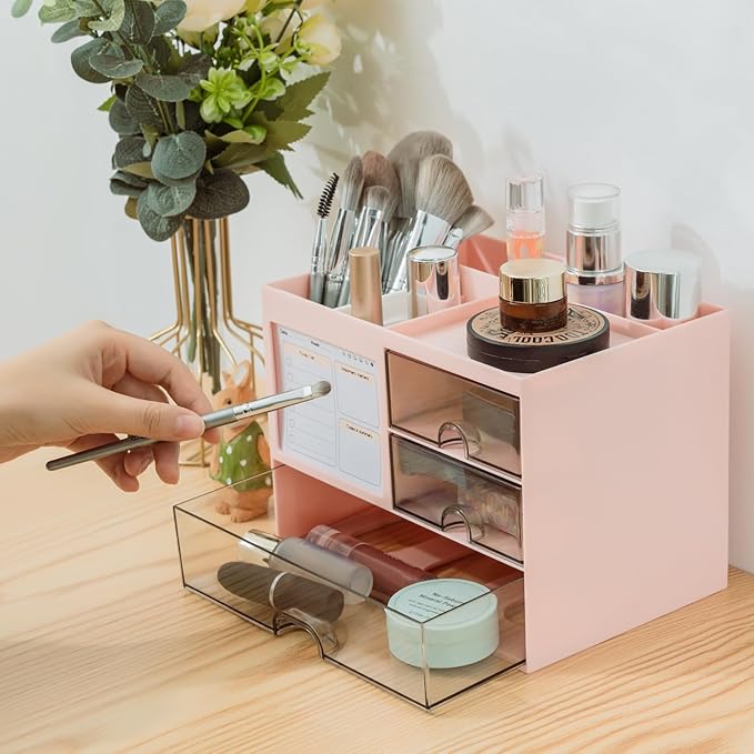 Multi-Functional Desk Organizer with 3 Drawer and 8 Compartments, Pink