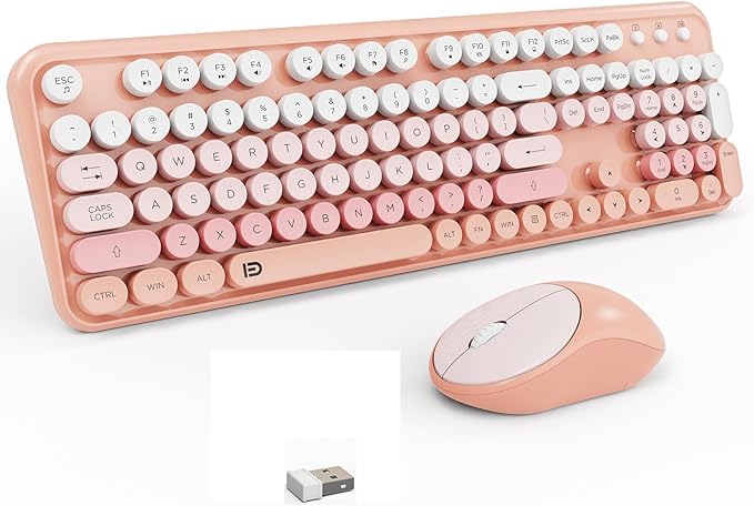 Wireless Keyboard and Mouse Combo, 105 Round Keys Full-Size Cute Colorful Pink Cordless Keyboard and Mouse with Retro Typewriter for PC/Mac/Laptop/Tablet/Computer/Windows Pink