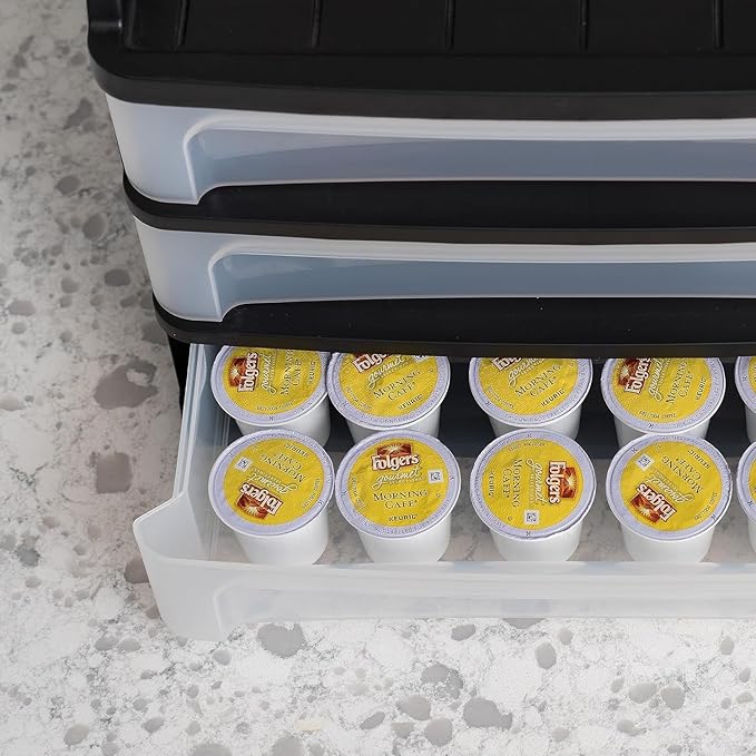 IRIS USA Plastic Desk Top 3-Drawer Storage Organizer with Paper Tray Top, 1-Pack, for Makeup Vanity Nail Polish Bathroom Stationery Art Craft Supplies Kitchen Office Garage Organization, Medium, Black