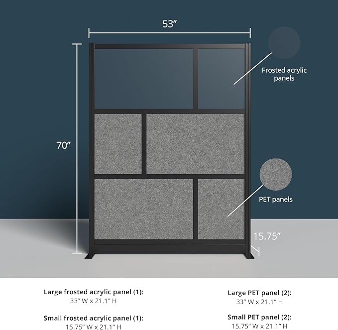 Stand Up Desk Store Expanse Modular Wall | 53'' x 70'' Wall | Expandable Partition Room Divider with Rearrangeable Frosted Acrylic & Sound Absorbent Panels (Black Frame)