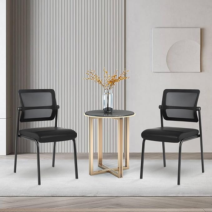 CLATINA Stackable Waiting Room Chair with Adjustable Mesh Backrest, Armless Office Guest Reception Chairs with Leather Cushion and Ergonomic Lumbar Support for Conference Lobby Side School, Black