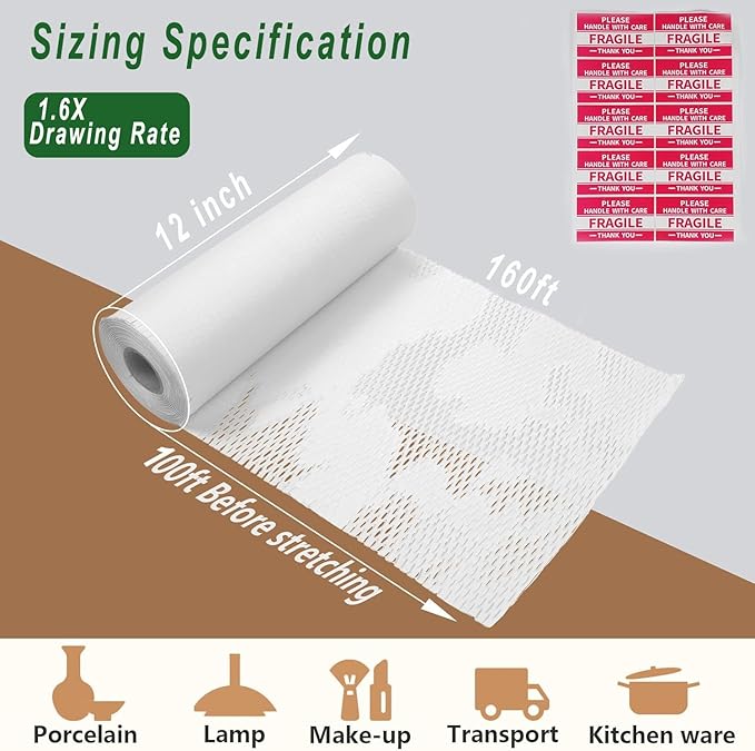 Honeycomb Packing Paper, 12" x 100' Packing Paper Substitute Alternative for Bubble Cushioning Wrap for Moving Shipping Packaging Mailing, Recyclable Moving Supplies Bubble Packing Wrap Roll-White