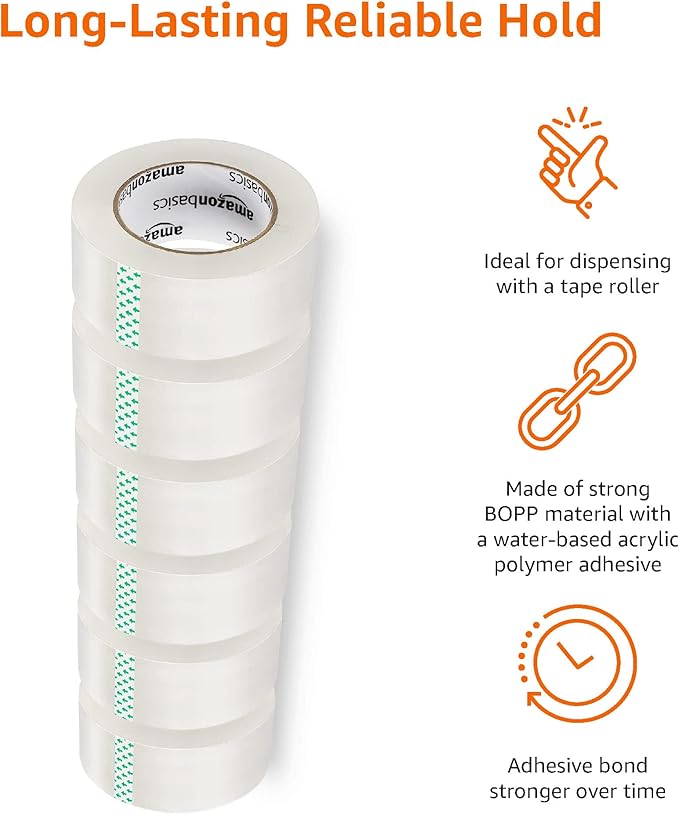 Amazon Basics Packing Tape for Moving boxes, Shipping Tape Refills, Clear, 1.88-Inch Wide x 109 Yards, 6-Pack, Total 654 Yards