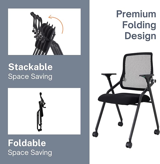Updated Conference Room Chairs, Folding Office Desk Chair with Lumbar Support and Sliding Armrest with Casters, Stackable Office Guest Chairs & Reception Chairs, 1 Pack Black