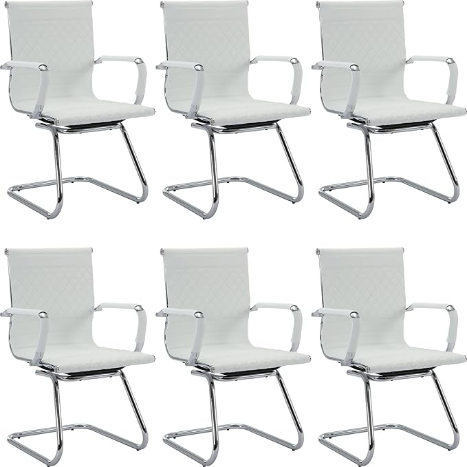 Office Guest Chairs - Set of 6 Modern PU Leather Desk Chairs for Reception, Waiting, and Conference Rooms - Mid Back, White