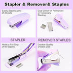 Purple Desk Organizers and Accessories 10Pcs Set with 360-Degree Rotating Pen Holder, Tape Dispenser, Stapler, Staple Remover, 1000 Staples, Tape, Clips Set, Ruler, Scissor, Pen (Purple)