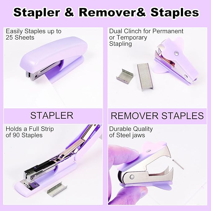 Purple Desk Organizers and Accessories 10Pcs Set with 360-Degree Rotating Pen Holder, Tape Dispenser, Stapler, Staple Remover, 1000 Staples, Tape, Clips Set, Ruler, Scissor, Pen (Purple)