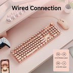 EWEADN Wired Typewriterkeyboard and Mouse Combo, Typewriter Style Mechanical Gaming Keyboard,104 Keys Backlit LED Keyboards, Media Control Knob, Wired Keyboard Pink Switch for Windows/Mac/PC-Pink