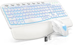 SABLUTE Ergonomic Wireless Keyboard and Mouse Combo - Wave Keyboard with Soft Leather Wrist Rest, Resistant Keys, RGB Backlit Rechargeable Set for PC/Mac/Chromebook (White)